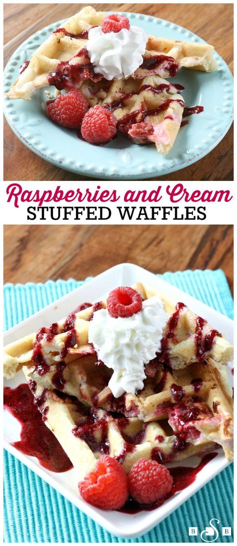 Raspberries and Cream Stuffed Waffles - Butter With a Side of Bread Belgian Waffle Mix, Stuffed Waffles, Making Waffles, Make Waffles, Weekend Brunch Recipes, Crepes And Waffles, Waffle Maker Recipes, Breakfast Specials, Breakfast Recipes Sweet