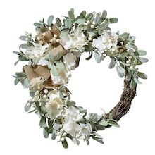 Cream Hydrangea, Silk Wreaths, Floral Grapevine, Lamb's Ear, White Berries, Kelly Clarkson Home, Artificial Hydrangeas, Burlap Bow, Hydrangea Wreath