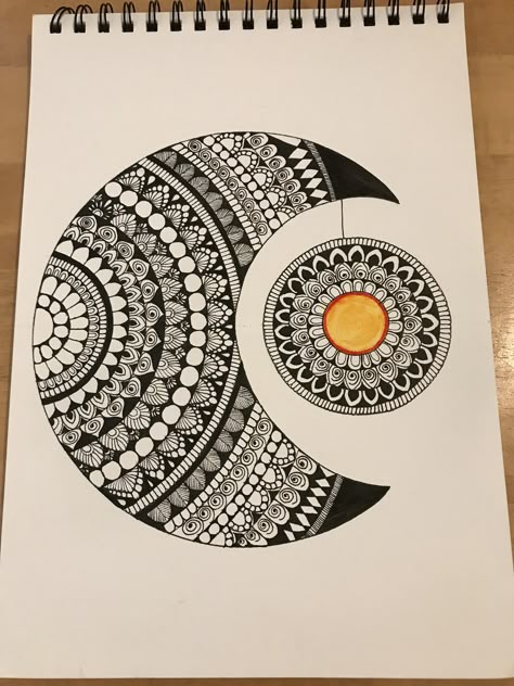 Hanging sun with moon Mandala by me😊😊 Moon Mandala Drawing, Cartoon Mandala Art, Half Moon Mandala, Moon Mandala Art, Moon Doodle, Sun Moon Mandala, Mandala Moon, Sun And Moon Mandala, Mandala Sketch