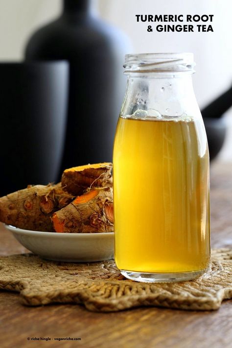 Ginger Turmeric Root Tea. Fresh Turmeric Root and ginger simmered with black pepper. Add sweetener of choice. Serve hot or chilled. Vegan Gluten-free Recipe | VeganRicha.com Tumeric Root, Hot Tea Recipes, Fresh Turmeric Root, Vegan Richa, Turmeric Recipes, Fresh Turmeric, Vegan Drinks, Ginger Turmeric, Turmeric Tea