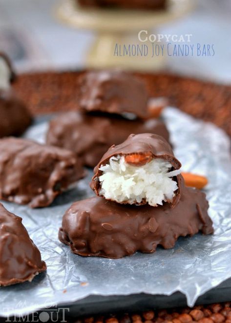 Almond Joy Candy Bars, Almond Joys, Almond Joy Candy, Almond Joy Bars, Candy Bar Recipe, Xmas Candy, Mom On Timeout, Almond Joy Cookies, Christmas Candies