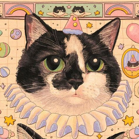 Cats In Costumes Drawing, Cats Wearing Clothes, Clown Cats Art, Cat Clown, Crazy Cat Illustration, Jolie Ruin, Midevil Cat Paintings, Smelly Cat, March 30