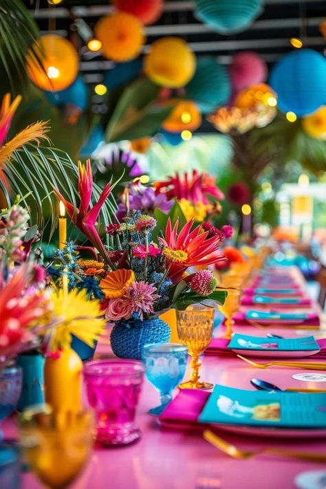 Fun 9-Year-Olds Birthday Party Ideas You'll Love Bright Colored Party Decor, Tropical Nights Party, 70th Birthday Theme Ideas, Carnaval Party Ideas, 70 Years Old Birthday Ideas, Hawaii Birthday Party Ideas, Luau Theme Party Decorations, Summer Birthday Party Themes, Tropical Birthday Party Ideas