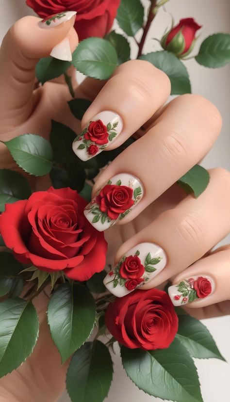 Red Rose Nail Art Designs, Nails Roses Design Flowers, Rose Nails Acrylic, Red Rose Nail Design, Nails With Roses Design, Rose Gel Nails, Pink Rose Nails, Red Rose Nail Art, Rose Nail Designs