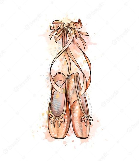 Premium Vector | Ballet shoes, pointe shoes from a splash of watercolor, hand drawn sketch. illustration of paints Ballerina Shoes Drawing, Pointe Shoes Drawing, Ballet Shoes Drawing, Ballet Shoes Art, Dance Drawings, Ballet Tattoos, Ballerina Picture, Ballet Illustration, Shoe Tattoos