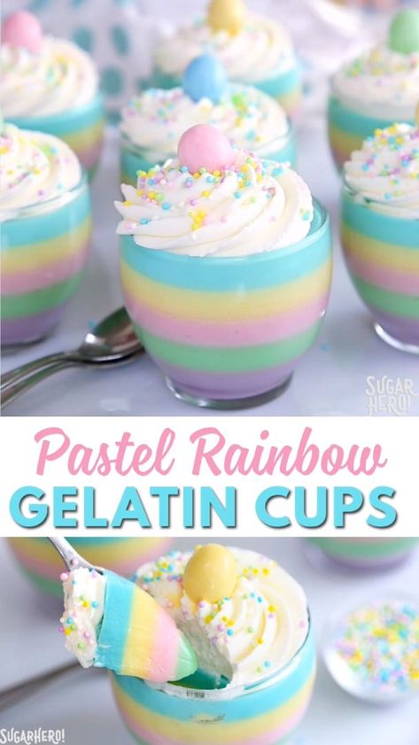 Pastel Rainbow Gelatin Cups are a beautiful dessert for springtime or Easter! Layers of pastel gelatin are topped with whipped cream and your choice of sprinkles for a fun and easy treat. #sugarhero #pasteldessert #pastelrainbow #gelatin #easterdessert Unicorn Jello Ideas, Diy Unicorn Treats, Pastel Jello Cups, Unicorn Jello Cups, Pastel Party Food Ideas, Jello Easter Dessert, Pastel Rainbow Birthday Party Ideas, Easter Jello Desserts, Easter Jello Recipes