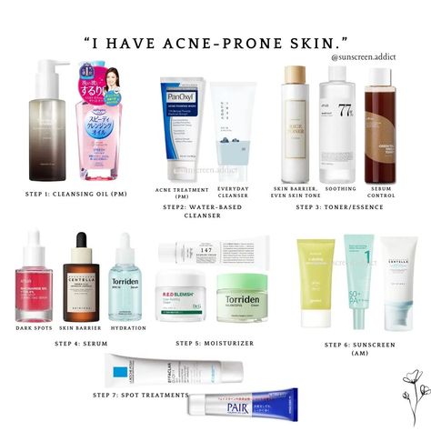 Acne-prone skin products and skincare routine suggestions #acneproneskin #acnetreatment #koreanskincareforacneskin Acne Skincare Routine Steps, Best Acne Routine Skincare, Skin Care For Sensitive Acne Prone Skin, Skincare For Dry Acne Prone Skin, Oily Acne Prone Skin Care Routine, Skin Care For Acne Prone Skin, Skincare Routine For Acne Prone Skin, Skincare For Oily Acne Prone Skin, Oily Acne Prone Skin Skincare Routine