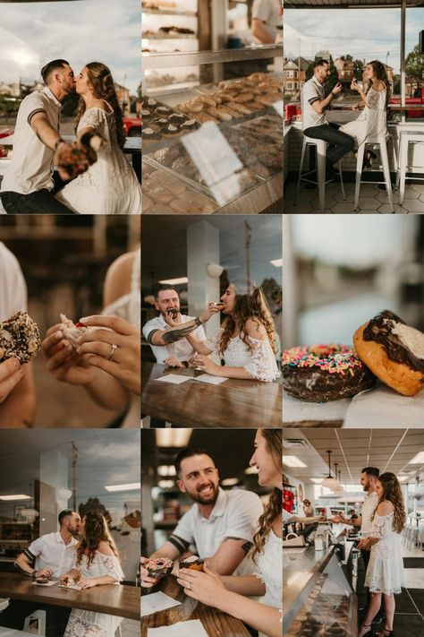 Donut shop engagement photography poses Engagement Session Posing, Couple Outfit Ideas, Engagement Inspo, Donut Shop, Matching Couple Outfits, Fall Engagement, Couple Shoot, Engagement Photoshoot, Matching Couples