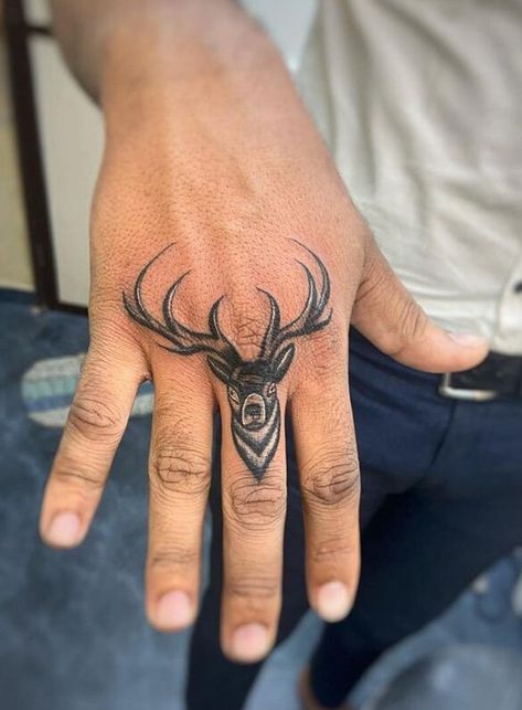 Nuckle Tats Men, Trendy Hand Tattoos, Boys Hand Tattoo, Reindeer Tattoo, Unique Hand Tattoos, Tattoo Appointment, Skull Hand Tattoo, Small Chest Tattoos, Deer Tattoo