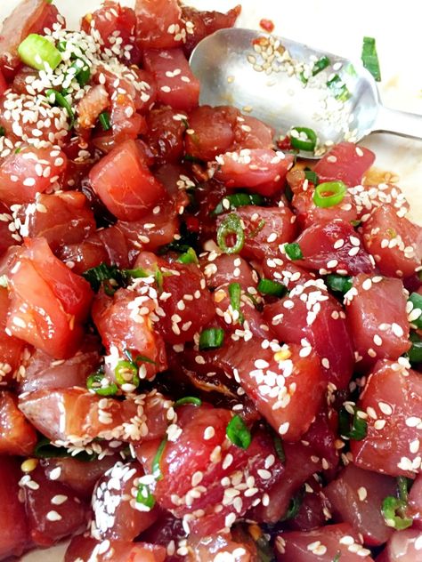 Spicy Poke Bowls | CaliGirl Cooking Poke Bowl Sauce Spicy, Spicy Poke Bowl, Raw Tuna Poke Bowl, Hawaiian Poke Sauce, Hawaiian Poke Recipe, Poke Tuna Recipe, Spicy Poke Recipe, Poke Bowl Sauce, Poke Tuna