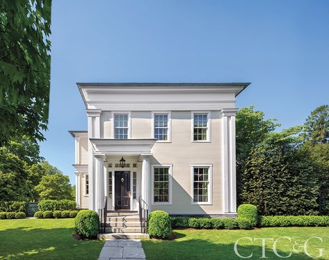 Inside an Elegant Greek Revival in Essex - Cottages & Gardens Greek Revival Exterior, Craftsman Bungalow Exterior, Greek Revival Home, Porch Area, Interior Design Work, Architectural Styles, Craftsman Bungalows, Small Buildings, Greek Revival