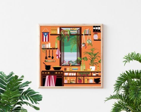 A Puerto Rican kitchen featuring Medalla beer and arroz con gandules on the stove. Plants decorate every corner. Perfect for your foodie and plant enthusiast loved ones. Kitchen Illustration, Flag Illustration, Kitchen Canvas, Puerto Rico Art, Puerto Rico Flag, Caribbean Art, Art Kitchen, Cooking Art, Puerto Rican