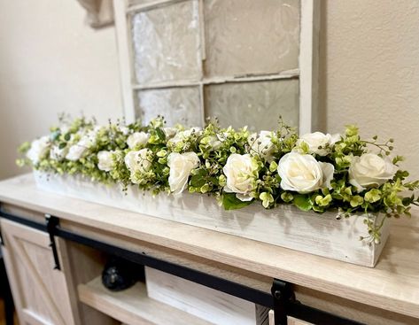 Planter Box Centerpiece Wedding, Greenery Mantle Decor, Centerpiece Floral Arrangements, Centerpiece With Greenery, Long Wood Box, Planter Box Centerpiece, Farmhouse Planter, Decor After Christmas, Dining Room Table Centerpiece