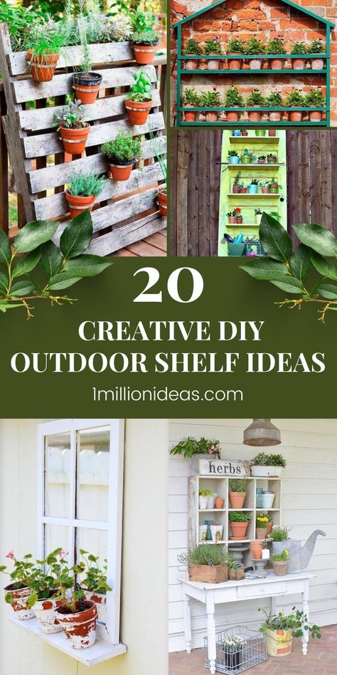 #DIY #Shelf #Garden Planter Shelf Decor Ideas, Outdoor Shelf Ideas, Diy Outdoor Shelf, Garden Enclosure Ideas, Plant Shelves Outdoor, Outdoor Shelf, Fall Landscaping, Spiral Garden, Plant Display Ideas