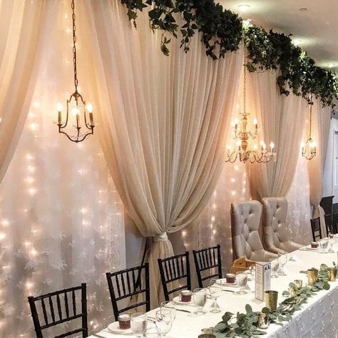 How Much Does Wedding Draping Cost? [+19 DIY Draping Ideas] - Wedding Hacked Wedding Draping Ideas, Diy Draping, Wedding Draping Backdrop, Ceiling Draping Wedding, Ceiling Drapery, Large Wedding Venues, Wedding Drapery, Head Table Backdrop, Wall Drapes