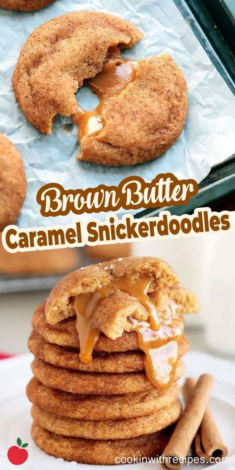 Brown Butter Caramel Snickerdoodles Recipe - Cooking with Recipes Brown Butter Caramel Snickerdoodles, Chewy Caramel Cookies, Salted Caramel Snickerdoodle Cookies, Brown Butter Caramel Cookies, Caramel Snickerdoodle Cookies, Caramel Snickerdoodles, Salted Caramel Cookies Recipe, Soft Caramels Recipe, Brown Butter Caramel