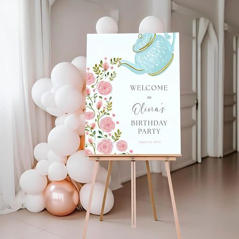 Birthday Tea Party Welcome Sign, Pink Floral Roses Birthday Girl Welcome Template, Blue Teapot Shower DIY Sign, Templett, AP53 - Etsy Tea For Two Backdrop, Tea Party Backdrop Ideas, Tea Party Signs, Tea Party Birthday Decorations, Tea Party Welcome Sign, Tea Party Sign, Welcome Template, Roses Birthday, Tea Party Decor