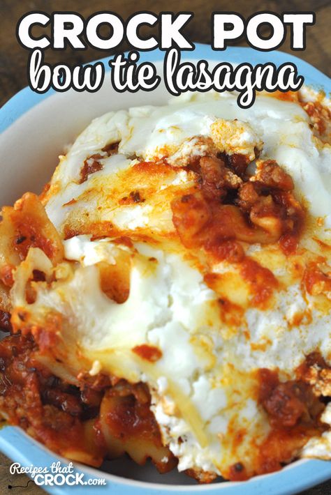 If you are looking for a delicious recipe to cRock your pot, you do not want to miss this Crock Pot Bow Tie Lasagna recipe! It is incredibly yummy! Soup With Bow Tie Pasta, Bow Tie Lasagna, Crockpot Lasagna Casserole, Crockpot Lasagna Easy, Bow Tie Pasta Recipe, Crock Pot Lasagna Recipe, Crockpot Pasta, Bow Tie Pasta, Lasagna Casserole