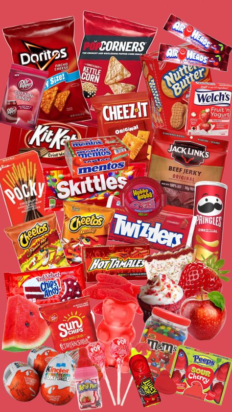 Red Snacks Basket, Red Takis Chips, Purple Packaged Snacks, Welches Fruit Snacks Aesthetic, Red Snacks, Colour Party, Fun Snacks, Snacks, Black And White