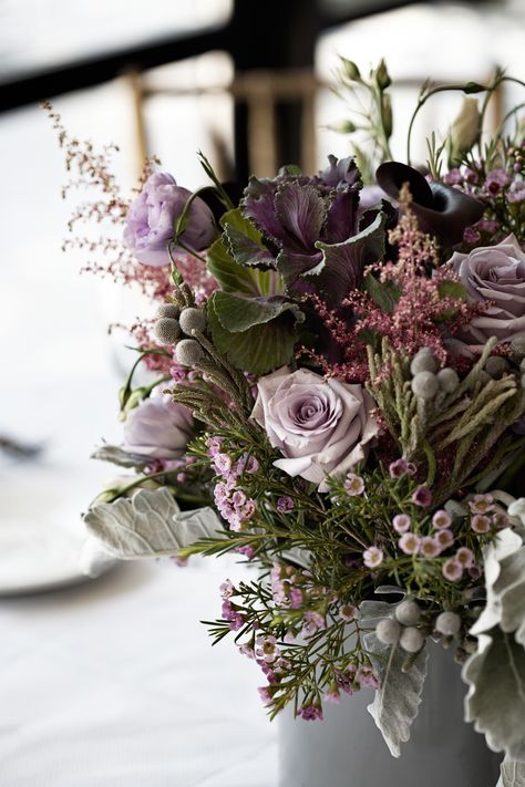 lisianthus, rose, astilble, cabbage, dusty miller  |  Tinsel & Twine Dusty Lavender Flowers, Dusty Purple Wedding Flowers, Purple Arrangements, Enchanted Florist, Purple Easter, Modern Wedding Flowers, Tropical Wedding Flowers, Viking Wedding, Purple Bouquet