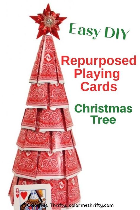 Repurposed Playing Cards into DIY Christmas Tree Diy Felt Poinsettia, Funky Diy, Playing Card Crafts, Tree Day, Alternative Christmas Tree, Hallmark Christmas Movies, Easy Christmas Diy, Diy Christmas Cards, Colorful Christmas Tree