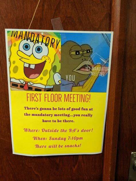 Ra Floor Meeting Flyers, Floor Meeting Flyer Ra, Meet Your Ra Board, Ra Social Programs, Meet Your Ra Bulletin Board, College Room Essentials, Meet Your Ra, Ra Event Ideas, Ra Floor Themes