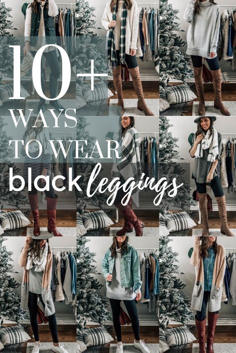 10+ Ways to Wear Leggings, Black Leggings for Winter and Fall, casual work from home outfits with leggings @prettyinthepines Fall Black Leggings Outfit, Black Legging Outfits Winter, Long Shirts To Wear With Leggings, What To Wear With Black Leggings Winter, Fall Leggings Outfit For Work, How To Wear Black Leggings, How To Wear Leggings To Work, Leggins Outfits Winter, Cozy Fall Outfits With Leggings