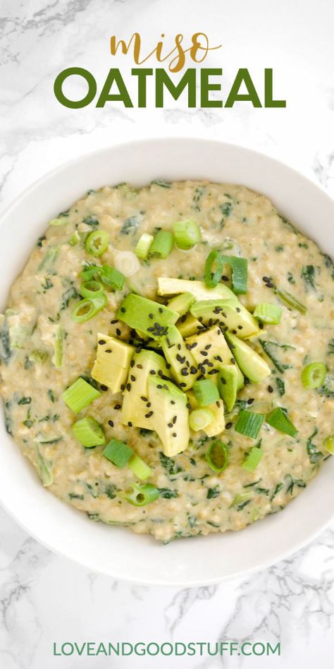 Miso Oats, Breakfast Recipes Avocado, Miso Kale, Savoury Oats, Avocado Recipes Breakfast, Breakfast Avocado, Recipes Avocado, Breakfast Protein, Breakfast Oats