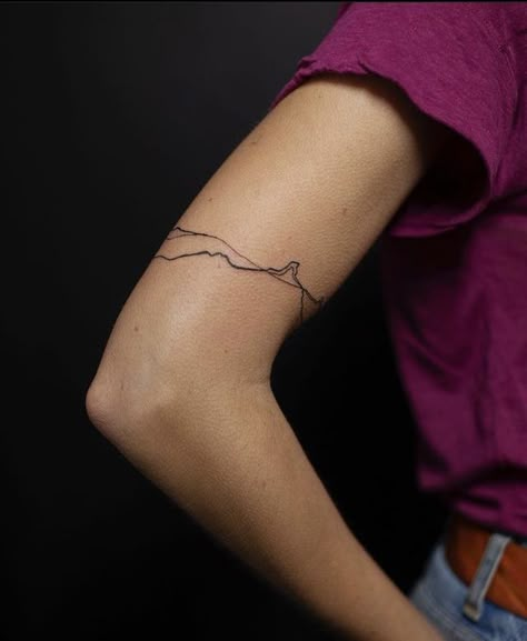 Arm Tattoo Inspo For Women, Horizon Line Tattoo, Fine Line Outdoors Tattoo, Chaos Tattoo, M Tattoos, Upper Arm Tattoos, Petite Tattoos, Red Ink Tattoos, Arm Band Tattoo