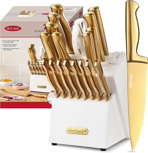 White Kitchen Knife Set, Pizza Knife, Gold Kitchen Accessories, Glam Kitchen, Wood Knife, Charming Kitchen, Kitchen Shears, Knife Block Set, Gold Kitchen