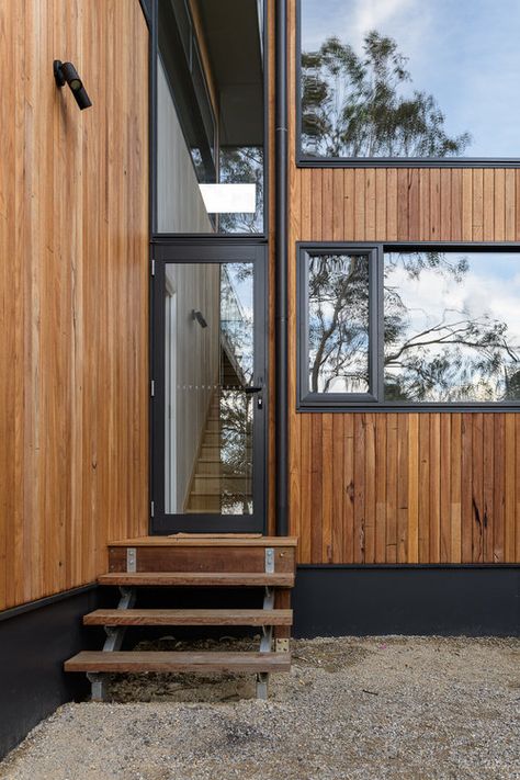 Built upon a challenging block and with a very constrained budget, this new house in Lorne has achieved a beautiful sense of space nestled amongst the tops of the eucalyptus trees.  With filtered ocean views, a lovely balance and connection to nature has been created by using simple forms, large northern windows, humble finishes and natural textures including native silvertop ash cladding. New House Build, Eucalyptus Trees, Eucalyptus Tree, Residential Architect, Ocean Views, New House, Natural Texture, Ocean View, Architects