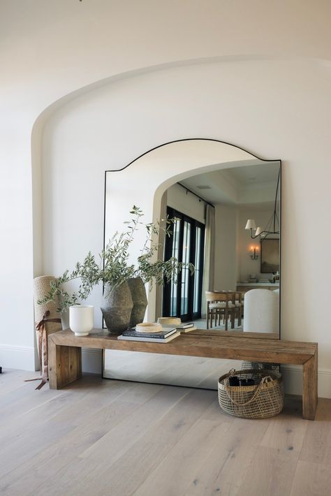 Octavia Floor Mirror - 2 Styles - THELIFESTYLEDCO Shop Hallway Bench And Mirror, Floor Mirror And Bench, White Buffet Styling, Floor Mirror With Bench Entryway, Thelifestyledco Entryway, Floor Mirror With Bench, Bench In Front Of Mirror, Antique Mirror Styling, How To Style A Bench In Living Room