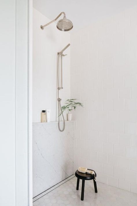 White Walk In Shower with Mini Black Stool - Transitional - Bathroom Hexagon Bathroom Floor Tile, Hexagon Shower Tile, Shower Ledge, Light Gray Cabinets, Frameless Glass Doors, Black Stool, Glazed Walls, White Tile Floor, Shower Rose