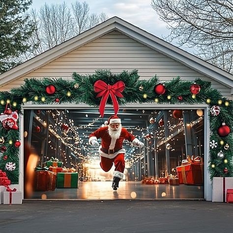 Christmas Elves Outdoor Decorations, Side Of House Christmas Decorations, Holiday Outside Decor, Christmas Garage Door Covers, How To Decorate Garage Door Christmas, Townhouse Outdoor Christmas Decor, Garage Door Decorations For Christmas, Porch Light Christmas Decorations, Arch Christmas Decorations Entryway