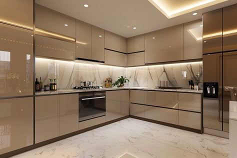 Modern Beige Kitchen Design, Modern L Shape Kitchen Design, Champagne Kitchen Cabinets, U Shape Modular Kitchen Design Modern, Modern Kitchen Colours Beige, Kitchen Cabinet Beige, Beige Kitchen Cabinets Modern, L Shape Kitchen Cabinet, Beige Colour Kitchen Cabinets