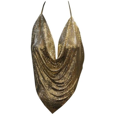 Preowned 1970s Whiting And Davis Gold Metal Mesh Bias Drape Halter Top (1,930 CAD) ❤ liked on Polyvore featuring tops, blouses, brown, brown halter top, draped halter top, halter-neck tops, sexy mesh top and gold metallic top Drapey Tops, Brown Halter Top, Neck Halter Top, Tie Halter Top, Drape Top, Low Cut Top, Brown Tie, Draped Top, Top Halter