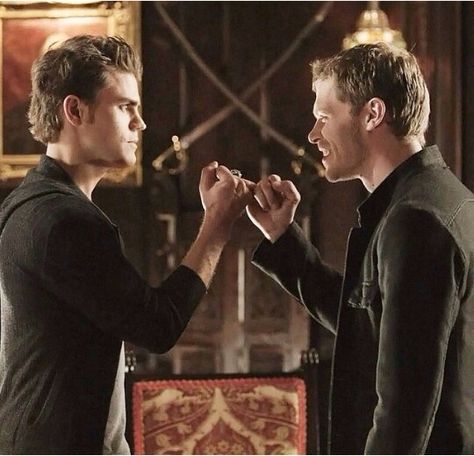 Stefan and klaus Stefan Salvatore And Klaus Mikaelson, Klaus Vampire, Conor Leslie, Salvatore Brothers, My Father's Daughter, The Vampire Diaries Characters, Vampire Diaries Poster, Series Quotes, Pinky Swear