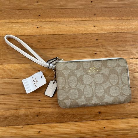 Coach Tan Double Zip Wristlet Wallet Nwt. Light Khaki/Chalk Color. 2 Zip Pockets. 6.5 X 4 In. Brand New With Tags. White Wallet, Leather Anniversary, Leather Clutch Wallet, Bags Coach, Card Case Wallet, Keychain Wallet, Black Leather Wallet, Fancy Bags, Coach Wallet