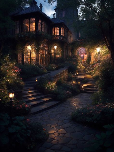 Cottage At Night Aesthetic, Misty Night Aesthetic, Mansions Aesthetic, Mansion At Night, Bim Design, Misty Night, Mansion Aesthetic, Old Money House, English Estate