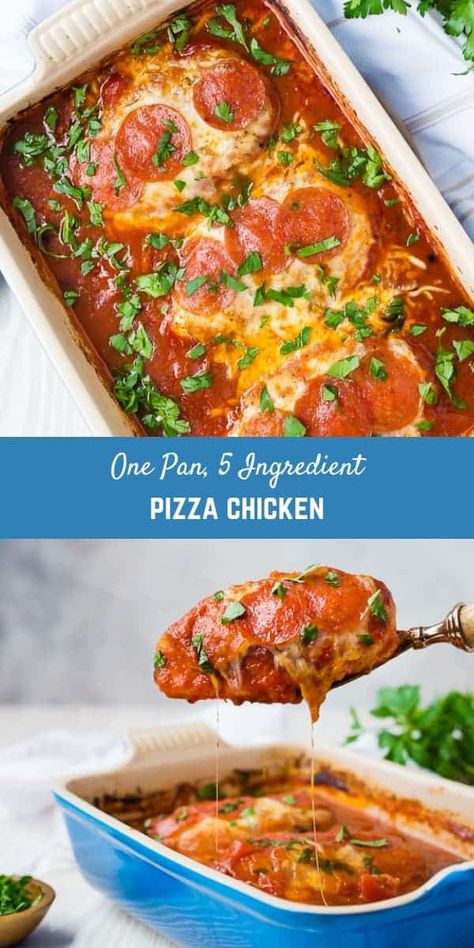 This easy five ingredient, one-pan pizza chicken is a weeknight lifesaver. It's a crowd-pleaser of a dinner! Five Ingredient Recipes Dinner, Main Dish For A Crowd, Five Ingredient Recipes, Dish For A Crowd, Baked Meals, Pizza Chicken, Entree Dishes, Best Casseroles, Everyday Dishes