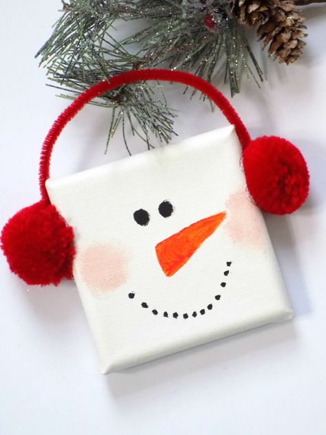 Mini Canvas Snowman Ornament, Christmas Crafts Canvas, Canvas Snowman, Kids Christmas Crafts, Mindful Activities, Kids Christmas Crafts Easy, Snowman Craft, Winter Craft, Snowman Ornament