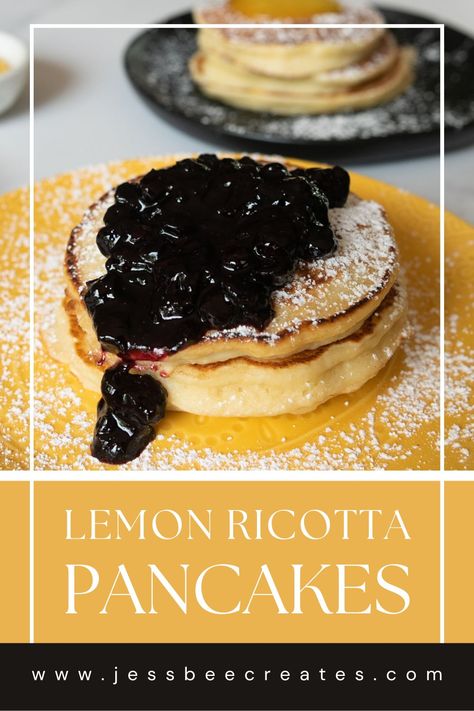 These Lemon Ricotta Pancakes are fluffy, light, and have a delightful tang! They make a wonderful breakfast or brunch treat. Recipe includes links for homemade blueberry syrup and lemon curd for toppings! #lemonricottapancakes #easylemonricottapancakes #blueberrysyrup #lemoncurd #brunchideas #breakfastideas #easybreakfastideas Lemon Ricotta Pancakes Recipe, Homemade Blueberry Syrup, Banana Carrot Muffins, Lemon Ricotta Pancakes, Blueberry Breakfast Cake, Ricotta Pancakes, Lemon Ricotta, Pancakes Ingredients, Homemade Muffins