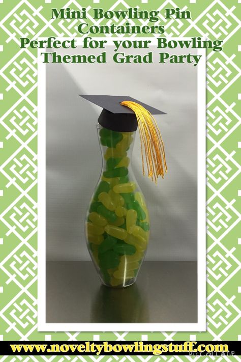 Perfect for your bowling themed graduation party! Mini bowling pins filled with candy in school colors & a crafty graduation cap! Bowling Graduation Party, Senior Night Bowling, Senior Night Bowling Gifts, Bowling Graduation Party Ideas, Bowling Senior Night Ideas, Bowling Centerpieces, Bowling Crafts, Bowling Party Decorations, Diy Bowling