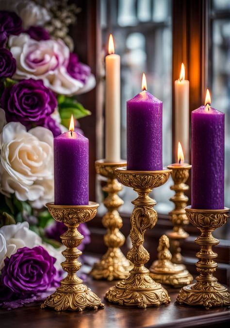 Decoration - luxuory purple and gold candles - AI creation Purple And Gold Party Centerpieces, Gold And Purple Aesthetic, Yellow And Purple Wedding, Purple Gold Party, Purple Gold Wedding, Gold And Lavender, Purple Party Decorations, Wedding Theme Color Schemes, Purple And Gold Wedding