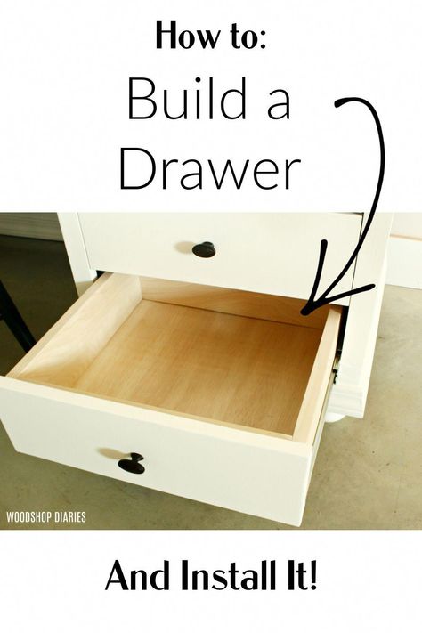 If you want to know how to build drawers for cabinets or furniture, this is the guide for you. It covers how to measure, build and install drawer boxes! How To Build A Drawer Step By Step, Installing Drawers In Cabinets, Building Drawers Diy, Building Cabinet Drawers, How To Make A Drawer, Diy Cabinet Drawers, Diy Drawer Fronts, Drawer Building, Diy Storage Drawers