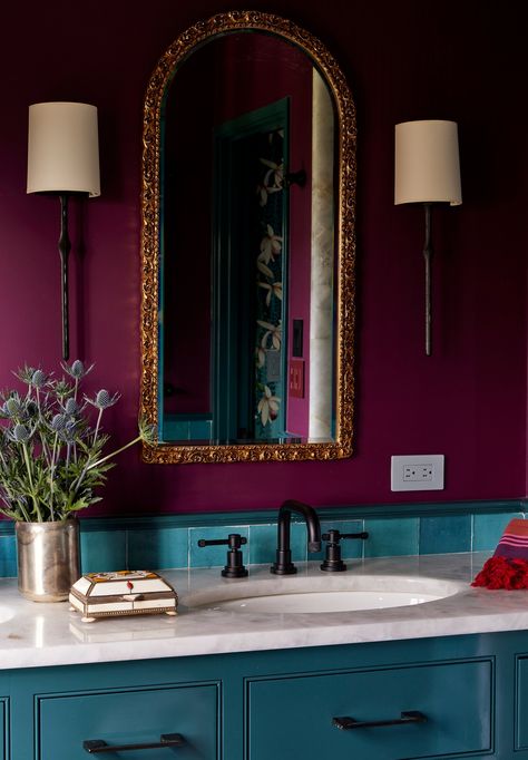 The jewel tone bathroom of our dreams Jewel Toned Bathroom Ideas, Jewel Tone Rooms Bedrooms, Jewel Tones Bathroom, Dark Jewel Tone Bathroom, Jewel Tones House Decor, Jewel Tone Powder Room, Jewel Tone Room Aesthetic, Magenta Bathroom Ideas, Jewel Tone Bathroom Decor