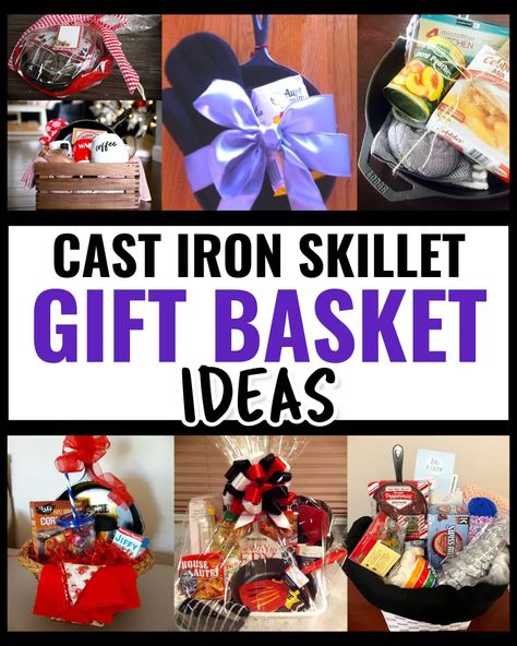 Cast Iron Skillet Gift Basket Ideas To Make As Unique Gifts On A Budget 2022 Cast Iron Skillet Gift Basket, Jack And Jill Gift Basket Ideas, Cast Iron Skillet Gift Basket Ideas, Jack And Jill Raffle Ideas, Jack And Jill Raffle Basket Ideas, Basket Raffle Ideas Unique, Gift Basket Homemade, Raffle Gift Basket Ideas, Kitchen Gift Baskets