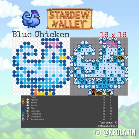 Blue Chicken Hama / Fuse beads (Stardew Valley) Blue Chicken Stardew Valley, Mermaids Pendant Stardew, Stardew Valley Fuse Beads, Stardew Valley Pufferfish, Stardew Valley Junimo Perler Beads, Stardew Valley Chicken Cross Stitch, Blue Chicken, Stardew Valley, Fuse Beads