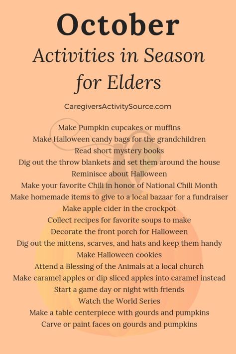 October Activities in Season for Elders #CaregiversActivitySource #October #OctoberActivities #Autumn #Halloween #Seniorcare #Eldercare Halloween Crafts For Seniors, Halloween Scattergories, Assisted Living Activities, Senior Center Activities, Senior Citizen Activities, Memory Care Activities, Senior Living Activities, Nursing Home Activities, Games Halloween