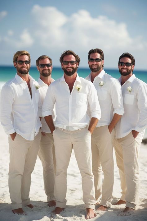 Explore beach wedding ideas where the theme brings together a blend of simplicity and elegance. A small ceremony with minimal decor can create an intimate atmosphere, while the aesthetics of a beach setting provide a stunning backdrop. Whether your reception is relaxed or formal, every dress style will shine, making your day as unique as the ocean views. Blue Groomsmen Beach Wedding, Beach Wedding Reception Outfit, Cowboy Beach Wedding Groom, Boho Beach Wedding Mens Attire, Men’s Casual Beach Wedding Attire, Beach Wedding Wear For Men, Beach Wedding Unique Ideas, Groom And Groomsmen Attire Beach Wedding, Island Wedding Groom Attire